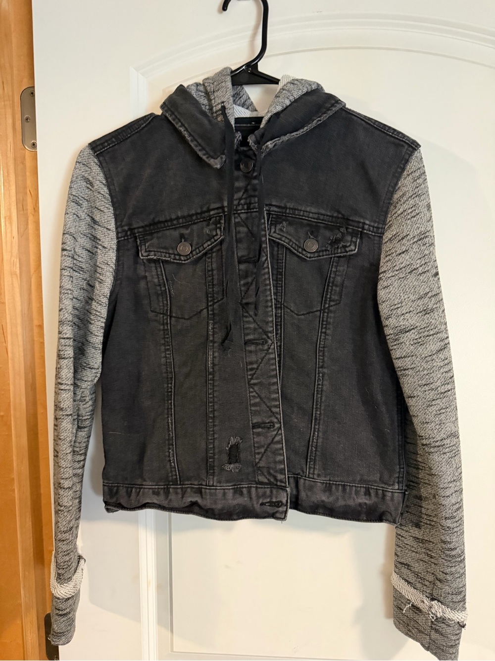 Mudd Hooded Jean Jacket with Gray Knit Sleeves - Black & Gray